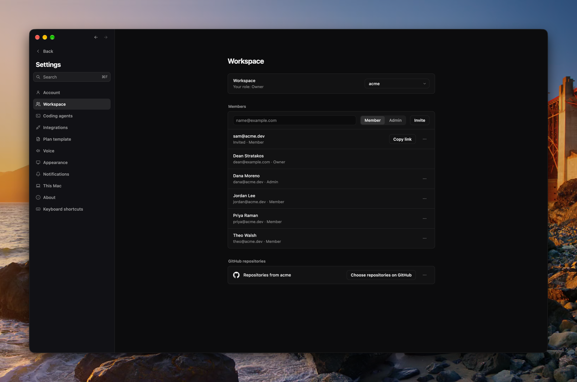 Settings › Workspace on acme: Dean is its owner, five members and a pending invite to sam@acme.dev with its link to copy, and acme's GitHub organization connected for its repositories.